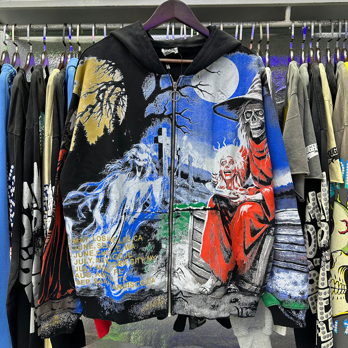 Valley Dreams Horror Graveyard Witch Full‑Print Zip‑Up Hoodie, Black Vintage Tour‑Style Oversized Streetwear Unisex Jacket