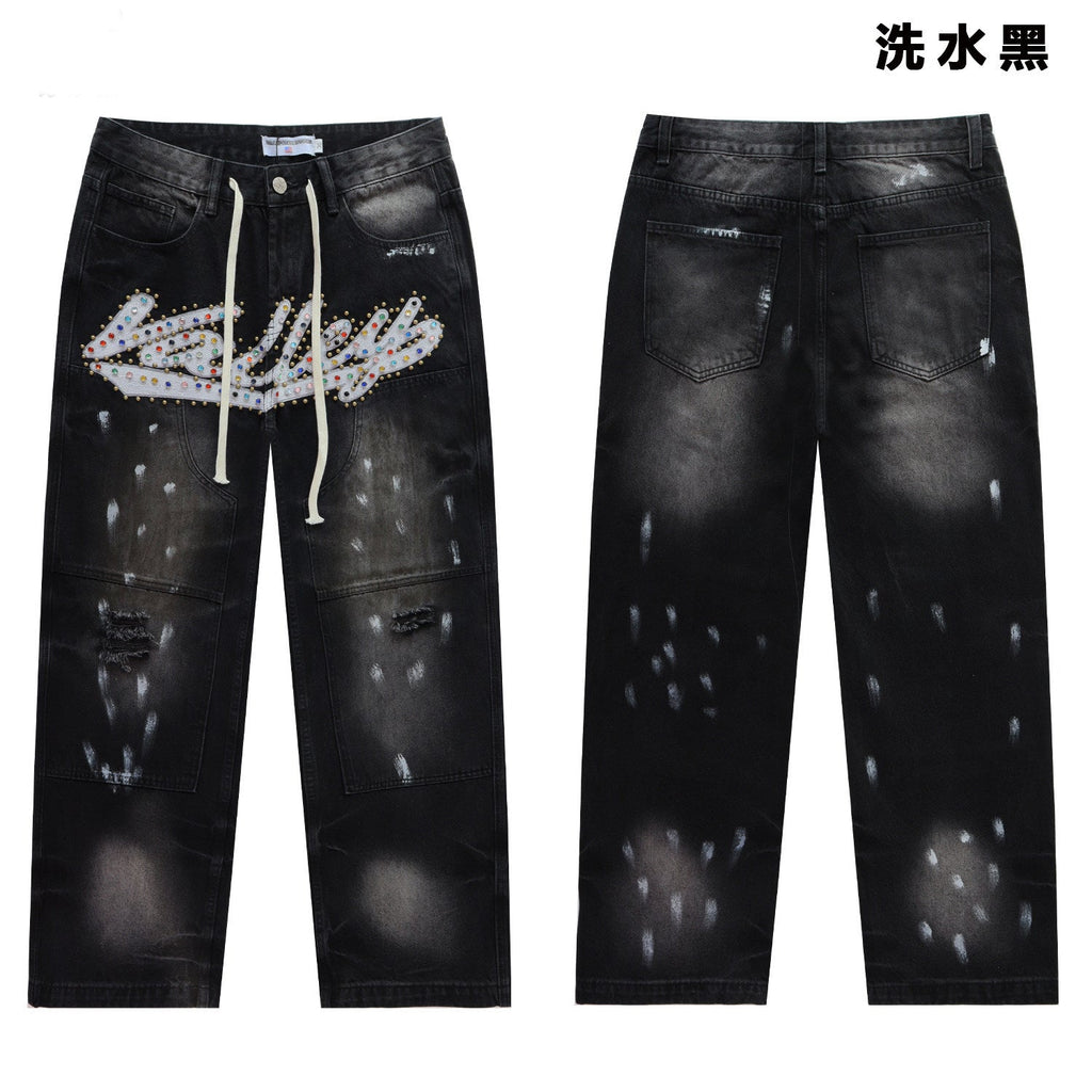 Valley Rhinestone Cursive‑Letter Baggy Jeans, Washed‑Black Distressed Unisex Streetwear Denim Pants