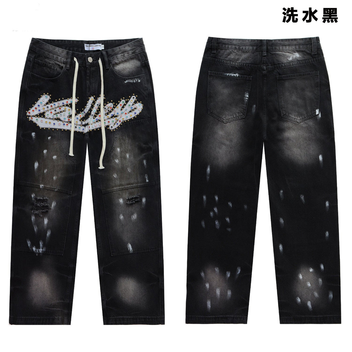 Valley Rhinestone Cursive‑Letter Baggy Jeans, Washed‑Black Distressed Unisex Streetwear Denim Pants