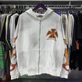 Valley Dreams Flame‑Sleeve Graphic Zip‑Up Hoodie, White Vintage Washed Oversized Streetwear Unisex Jacket