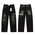 Valley Embroidered Paint‑Splatter Distressed Carpenter Baggy Jeans, Washed‑Black Unisex Wide‑Leg Denim Pants
