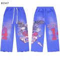 VALLEY Vintage Eagle‑Print Wide‑Leg Sweatpants, Bright Blue Washed Unisex Hip‑Hop Streetwear Trousers