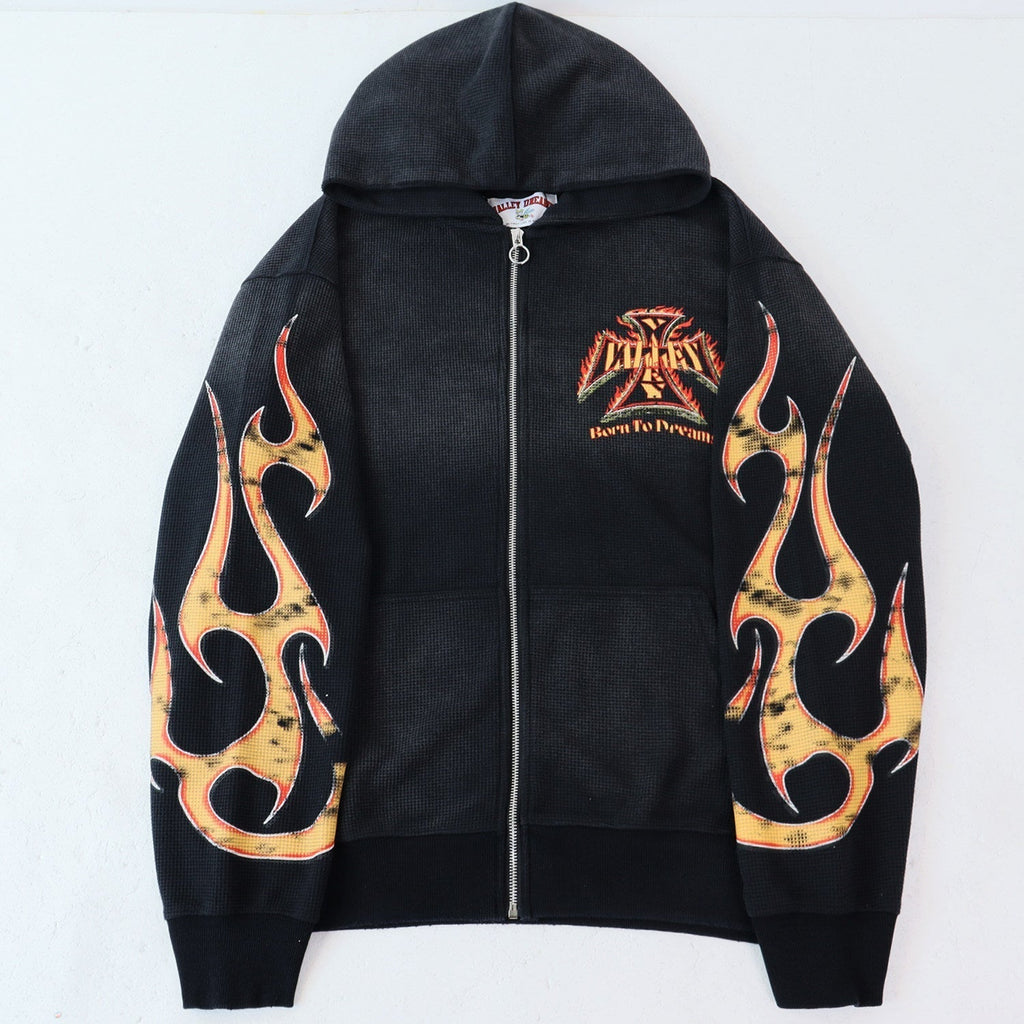 Valley Dreams Waffle‑Knit Flame‑Sleeve Zip‑Up Hoodie, Black Vintage Washed Oversized Streetwear Unisex Jacket