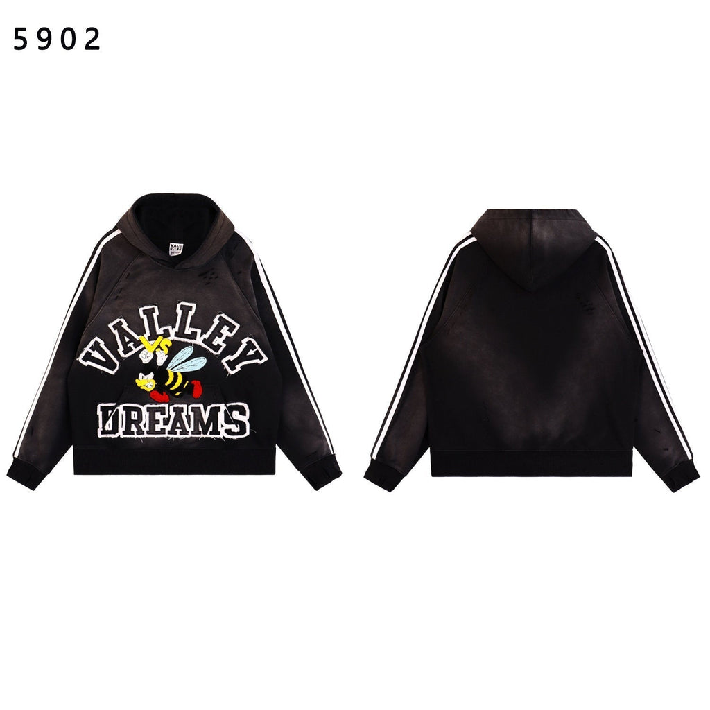 Valley Dreams Cartoon Bee Chenille Patch Pullover Hoodie, Black Vintage Distressed Striped‑Sleeve Streetwear Unisex Sweatshirt