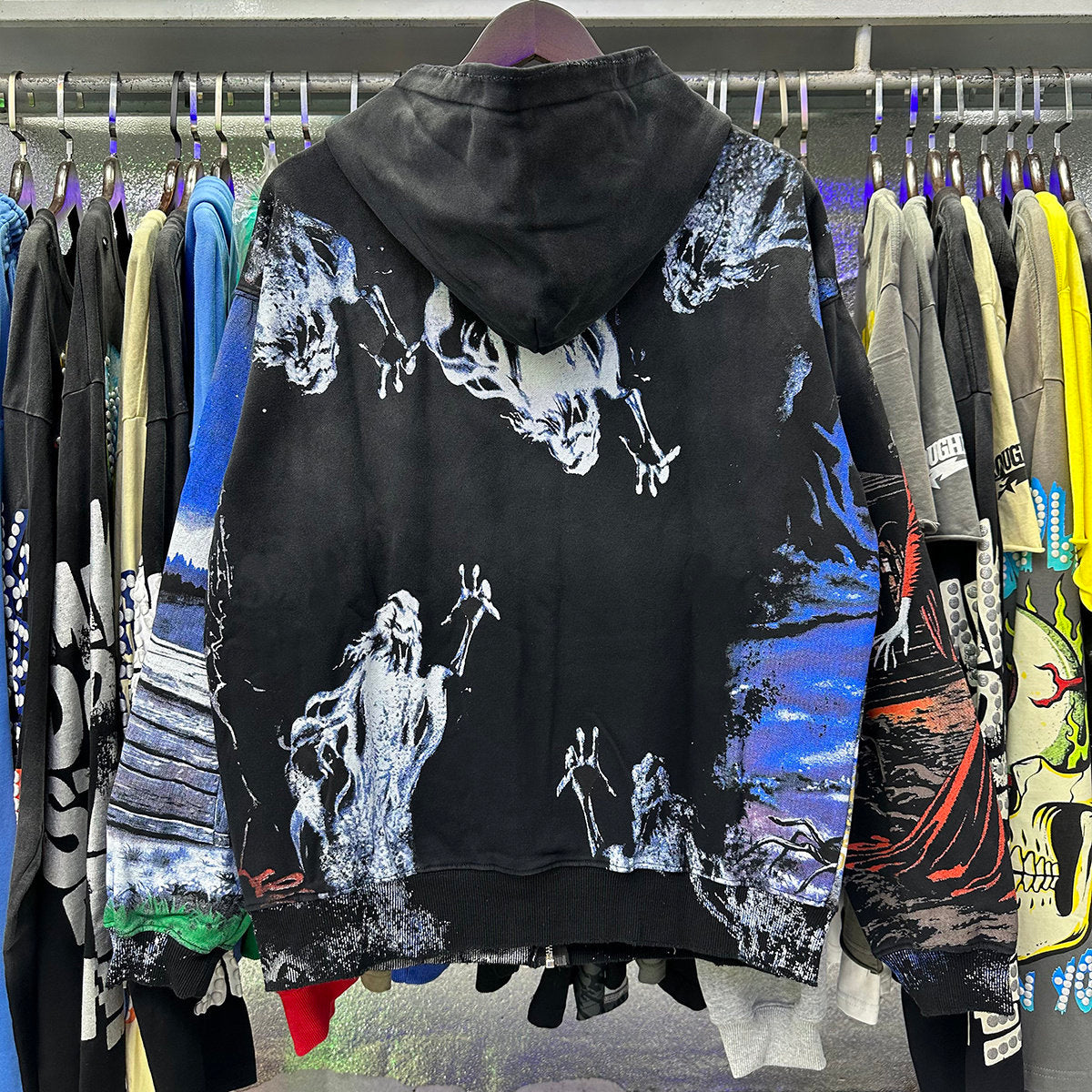 Valley Dreams Horror Graveyard Witch Full‑Print Zip‑Up Hoodie, Black Vintage Tour‑Style Oversized Streetwear Unisex Jacket