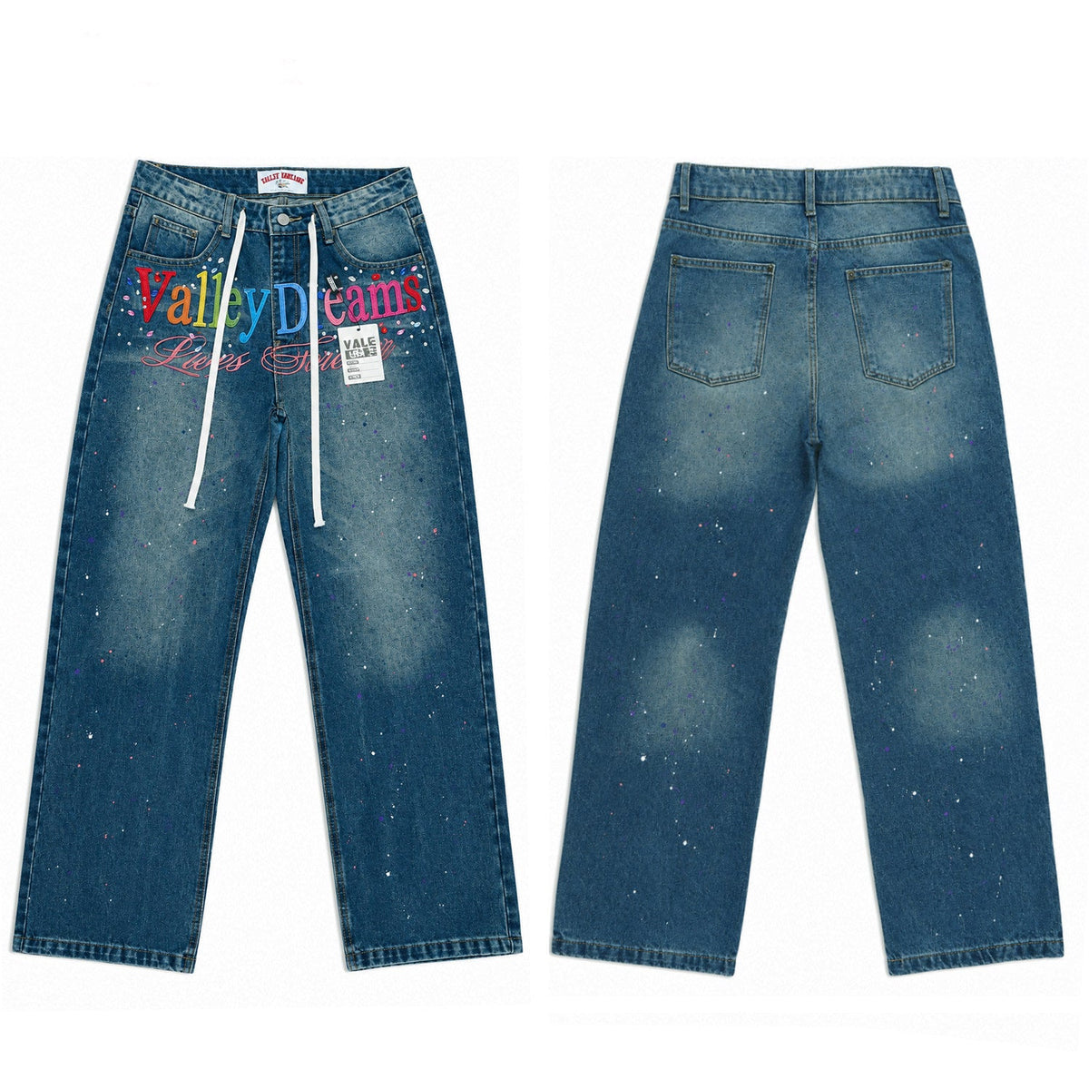 Valley Dreams Multicolor‑Letter Paint‑Splatter Baggy Jeans, Vintage Washed‑Blue Unisex Wide‑Leg Denim Pants