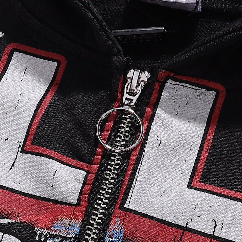 Valley Sports Dept Warrior Horse Graphic Zip‑Up Hoodie, Black Vintage Mountain‑Print Oversized Streetwear Unisex Jacket