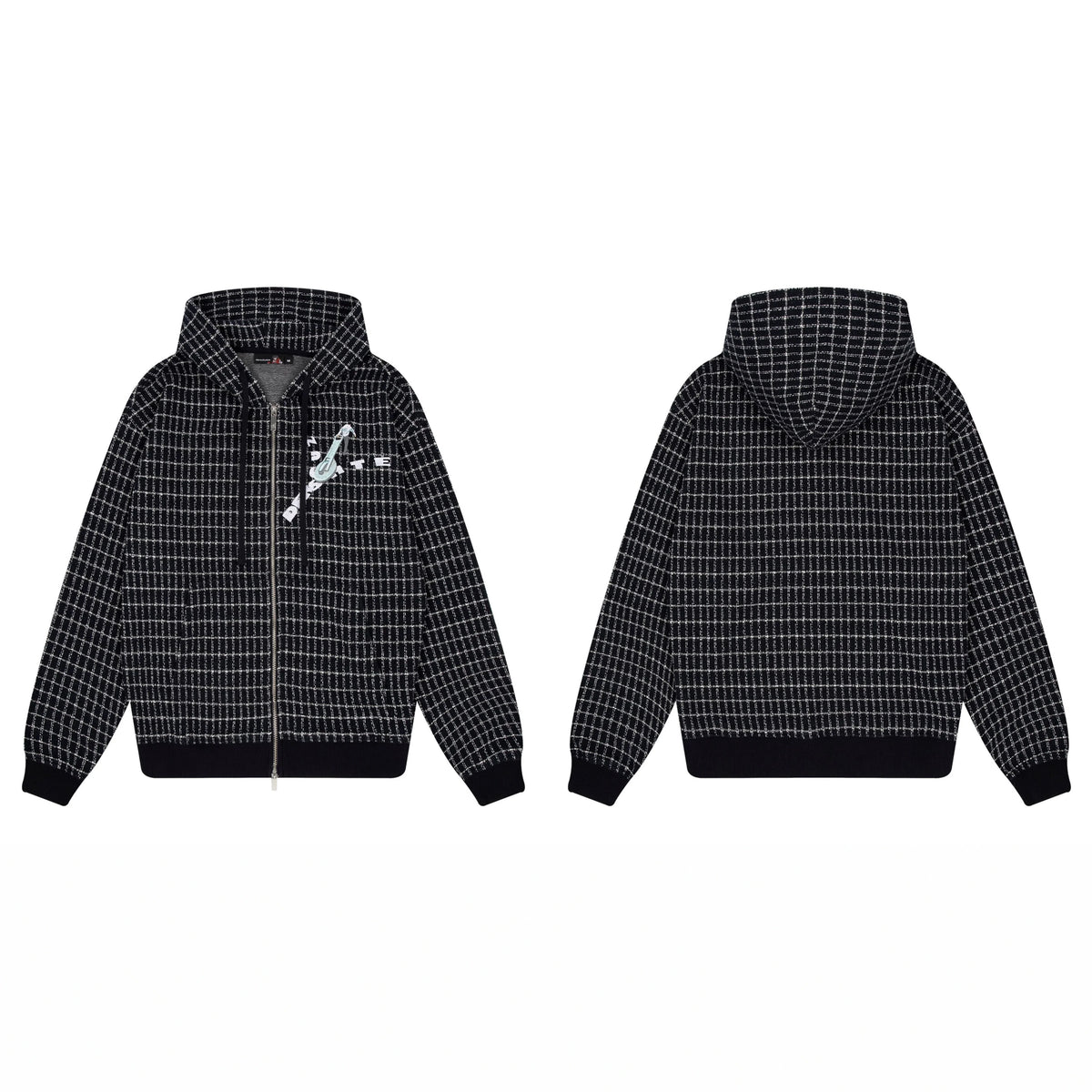 Derschutze Grid Pattern Print Zip-Up Hoodie - Black