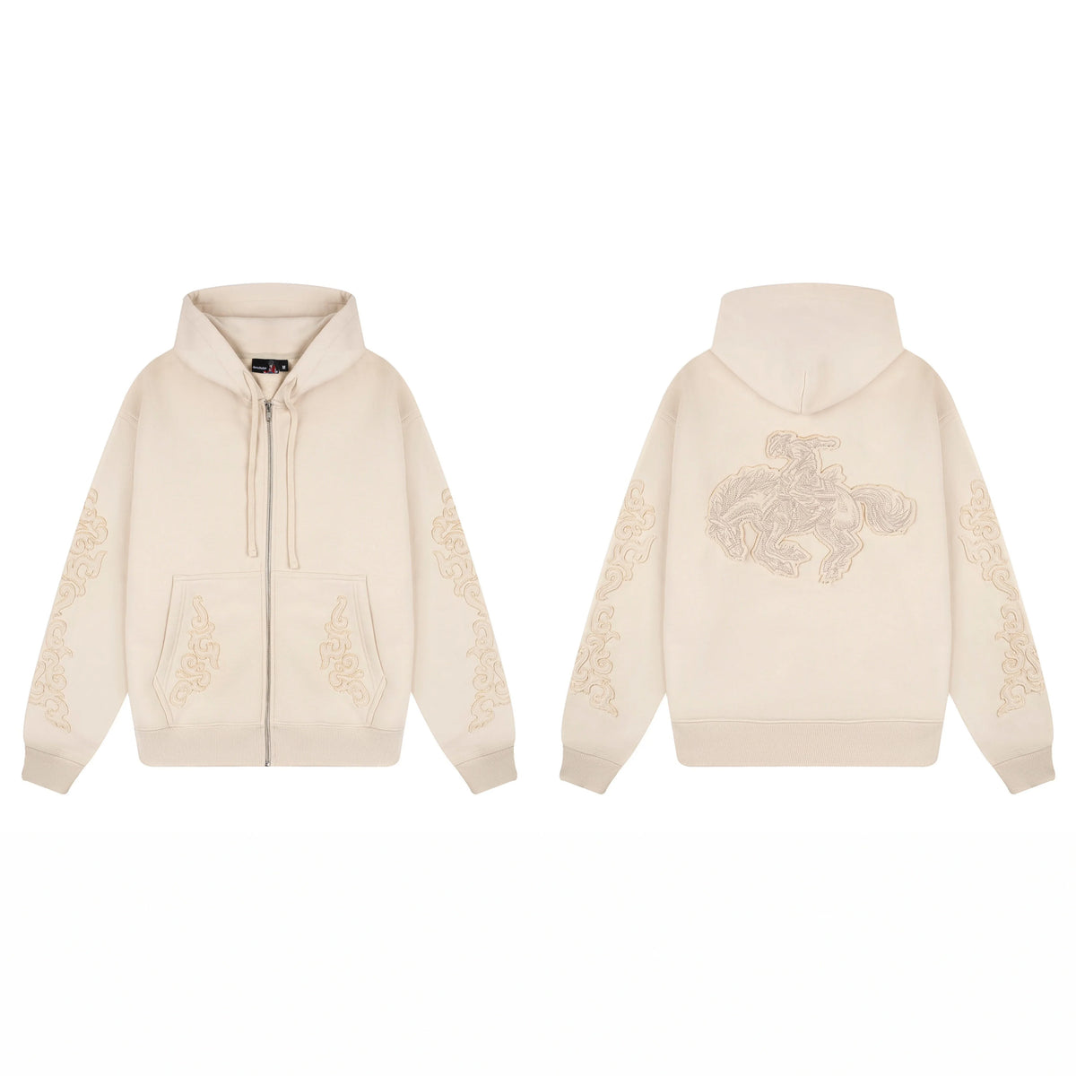 Derschutze Ornate Vine & Floral Embroidery Zip-Up Hoodie - Cream