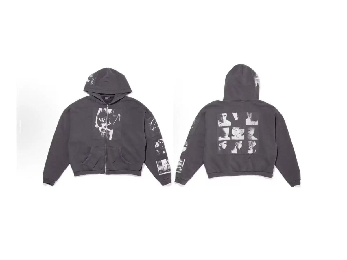 Enfants Riches Déprimés Chest Graphic & Back Six-Panel Grid Zip-Up Hoodie - Washed Black