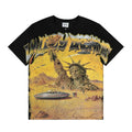 VALEFOREVER Black Desert Statue of Liberty UFO Retro Graphic Short Sleeve T-Shirt