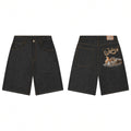 Derschutze Back Graphic Embroidery Denim Shorts - Black
