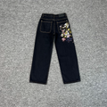 Derschutze Vintage Floral Bouquet Embroidery Jeans - Black