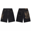 Derschutze Dragon Graphic Embroidery Denim Shorts - Black