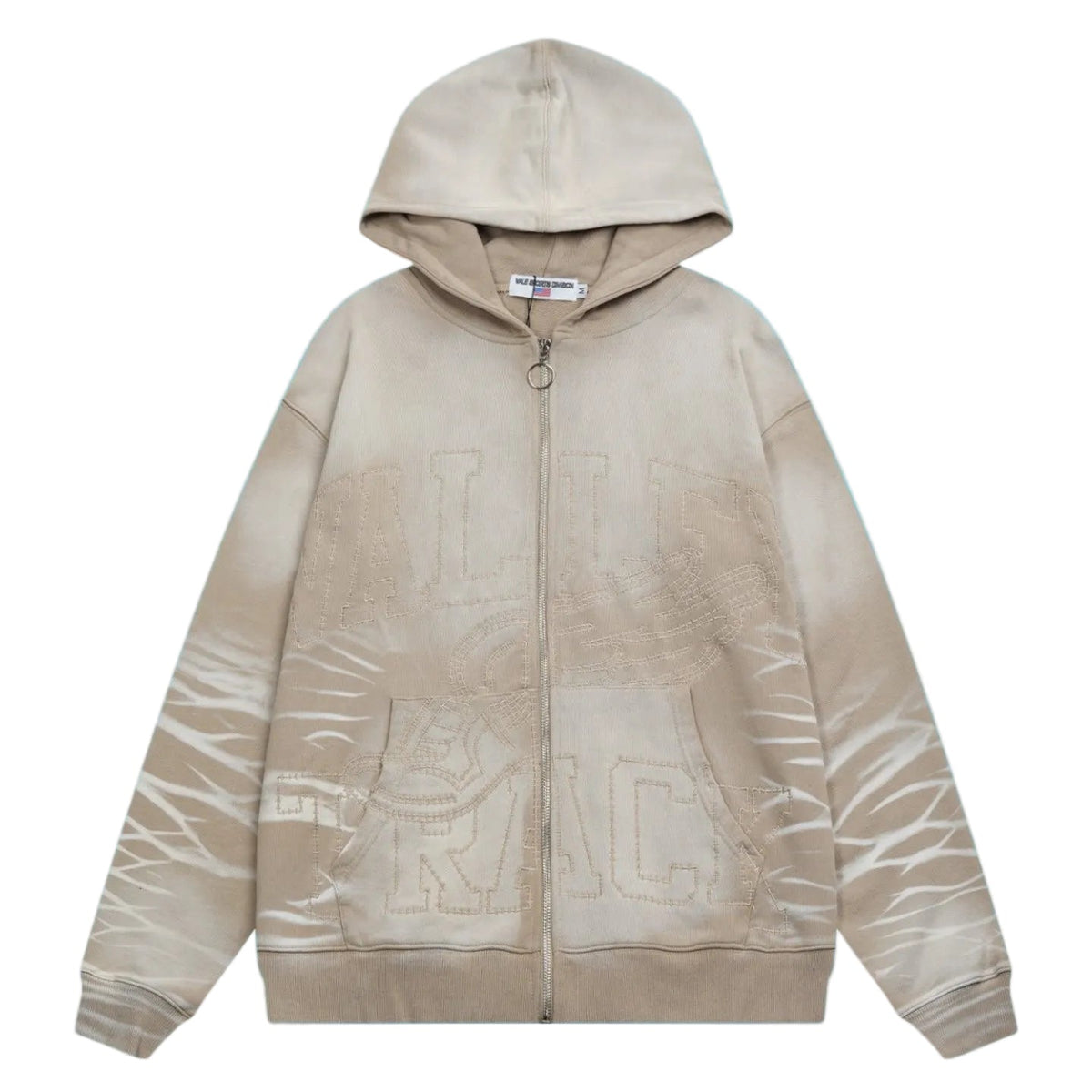 Valley Track Embossed Lightning‑Sleeve Zip‑Up Hoodie, Unisex Beige Vintage Streetwear Jacket