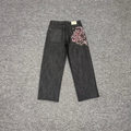 Derschutze Cherry Blossom Embroidery Straight Jeans - Charcoal Grey