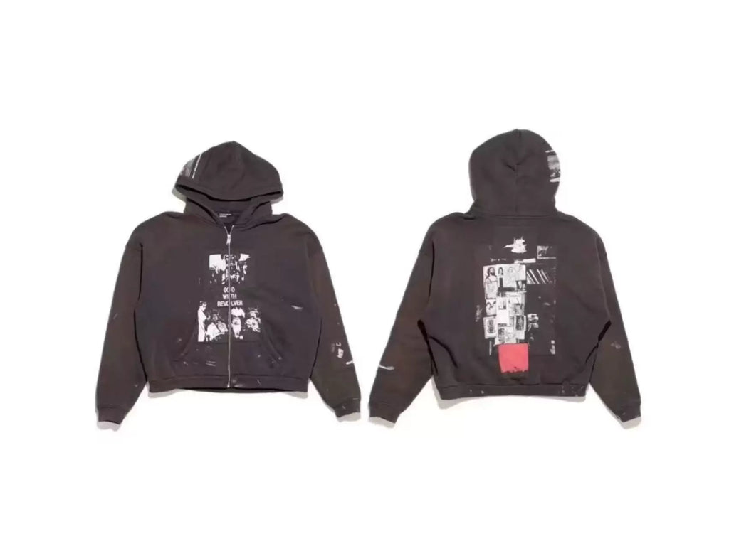 Enfants Riches Déprimés Photo Block & Red Accent Zip-Up Hoodie - Washed Black