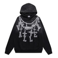 VALEFOREVER Black Chain Letter Distressed Zip Up Hoodie
