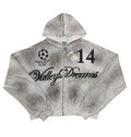 Valley Dreams No.14 Vintage Washed Cropped Zip‑Up Hoodie, Unisex Grey Streetwear Jacket