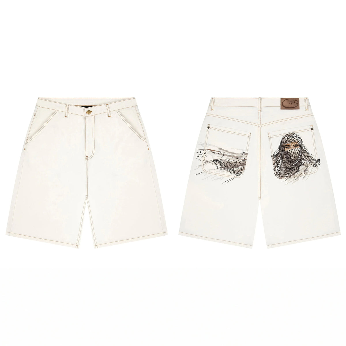 Derschutze Desert Portrait Embroidery Denim Shorts - Off-White