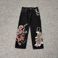 Derschutze Dragon & Tiger Embroidery Straight Jeans - Black