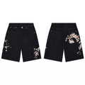 Derschutze Koi Fish & Cherry Blossom Embroidery Denim Shorts - Black