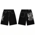 Derschutze Dragon Totem Embroidery Denim Shorts - Black